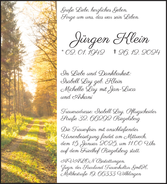 Todesanzeige von Jürgen Klein von saarbruecker_zeitung