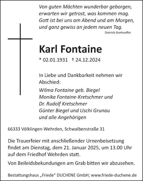 Todesanzeige von Karl Fontaine von saarbruecker_zeitung