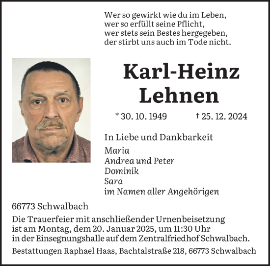 Todesanzeige von Karl-Heinz Lehnen von saarbruecker_zeitung