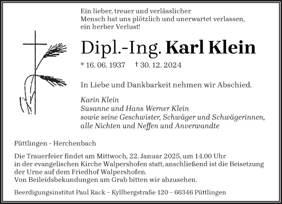 Todesanzeige von Karl Klein von saarbruecker_zeitung