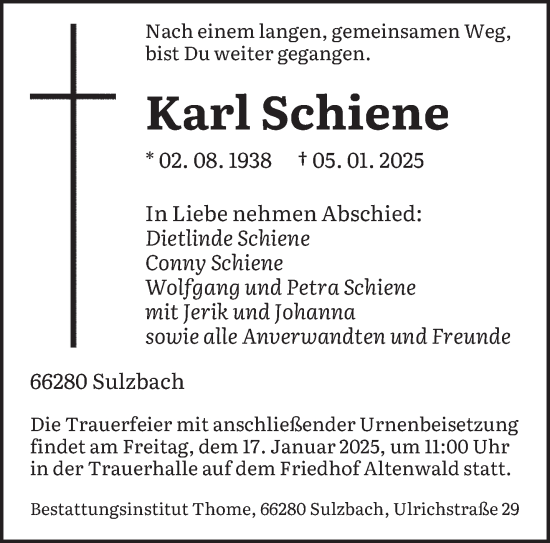 Todesanzeige von Karl Schiene von saarbruecker_zeitung