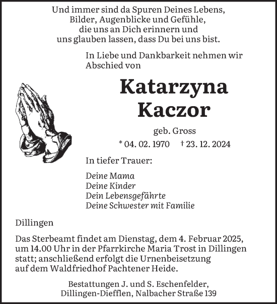 Todesanzeige von Katarzyna Kaczor von saarbruecker_zeitung