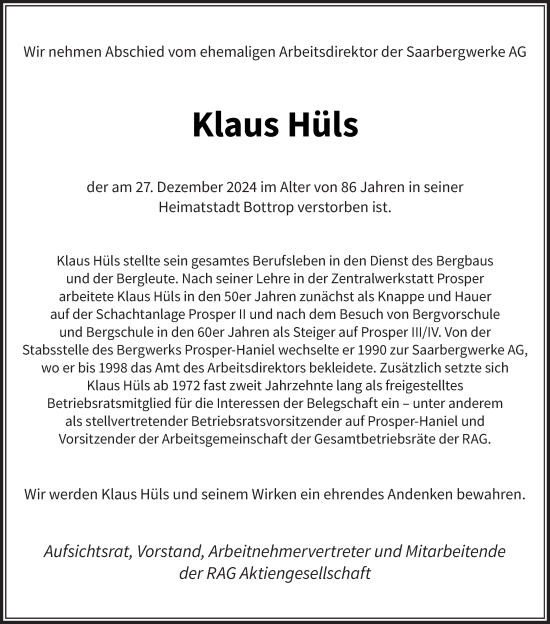 Todesanzeige von Klaus Hüls von saarbruecker_zeitung