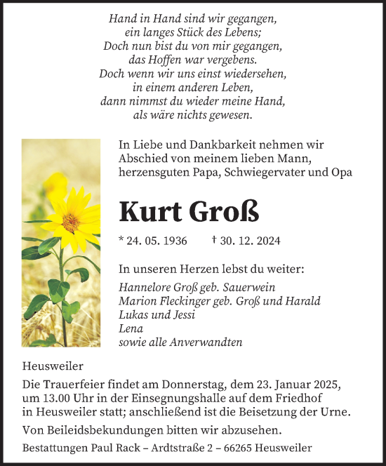 Todesanzeige von Kurt Groß von saarbruecker_zeitung