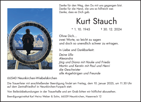 Todesanzeige von Kurt Stauch von saarbruecker_zeitung