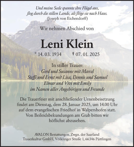 Todesanzeige von Leni Klein von saarbruecker_zeitung