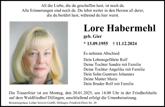 Todesanzeige von Lore Habermehl von saarbruecker_zeitung