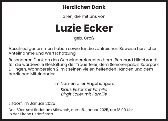 Todesanzeige von Luzie Ecker von saarbruecker_zeitung