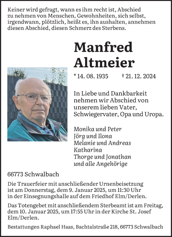 Todesanzeige von Manfred Altmeier von saarbruecker_zeitung