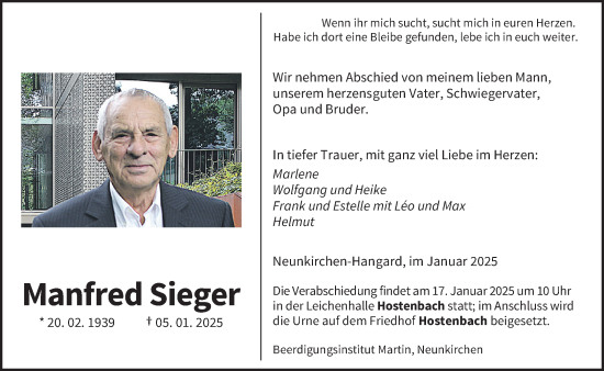 Todesanzeige von Manfred Sieger von saarbruecker_zeitung
