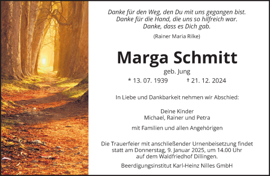 Todesanzeige von Marga Schmitt von saarbruecker_zeitung