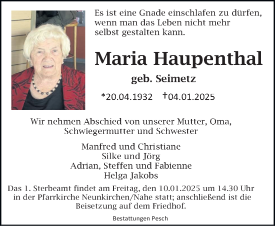 Todesanzeige von Maria Haupenthal von saarbruecker_zeitung