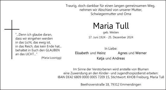 Todesanzeige von Maria Tull von saarbruecker_zeitung
