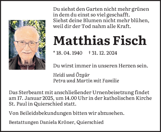 Todesanzeige von Matthias Fisch von saarbruecker_zeitung