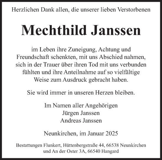 Todesanzeige von Mechthild Janssen von saarbruecker_zeitung