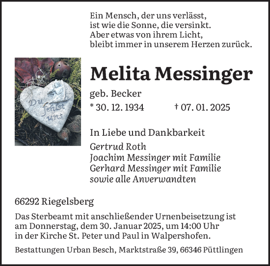 Todesanzeige von Melita Messinger von saarbruecker_zeitung