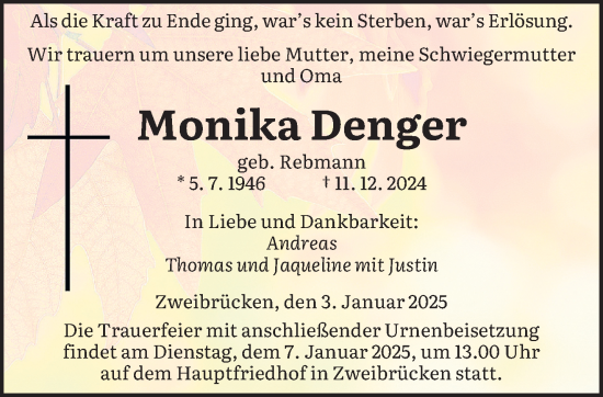 Todesanzeige von Monika Denger von saarbruecker_zeitung