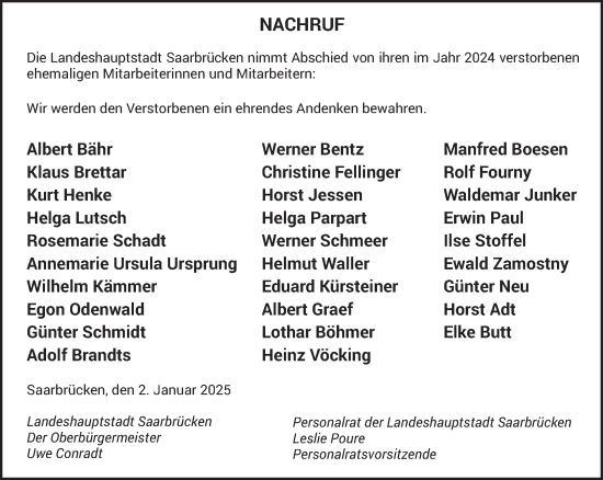 Todesanzeige von Nachruf  von saarbruecker_zeitung