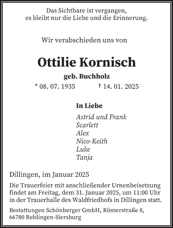 Todesanzeige von Ottilie Kornisch von saarbruecker_zeitung