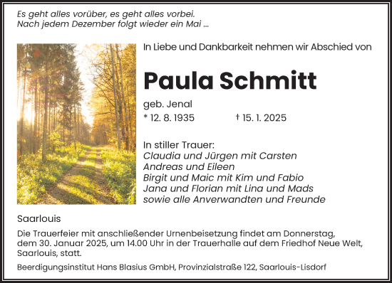 Todesanzeige von Paula Schmitt von saarbruecker_zeitung