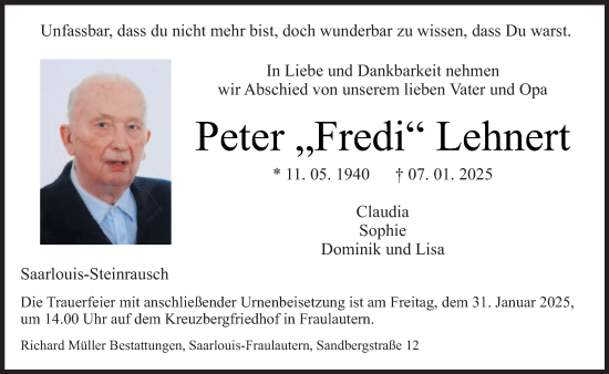 Todesanzeige von Peter Lehnert von saarbruecker_zeitung