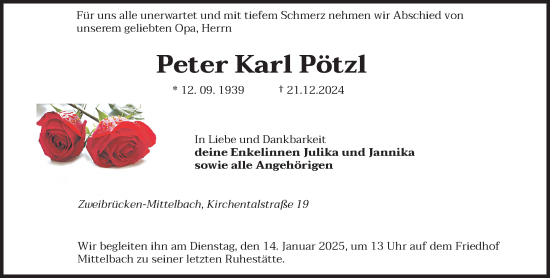 Todesanzeige von Peter Karl Pötzl von saarbruecker_zeitung
