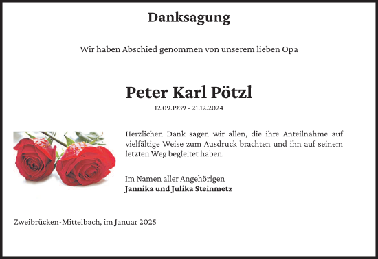 Todesanzeige von Peter Karl Pötzl von saarbruecker_zeitung