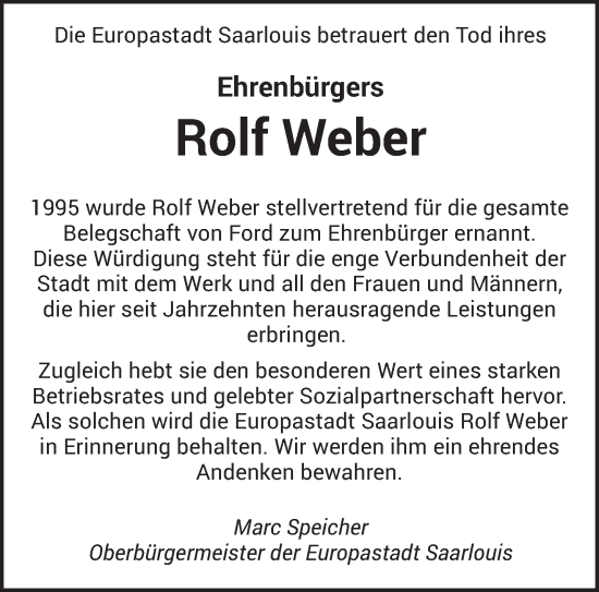 Todesanzeige von Rolf Weber von saarbruecker_zeitung