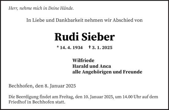Todesanzeige von Rudi Sieber von saarbruecker_zeitung