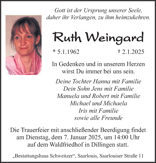 Todesanzeige von Ruth Weingard von saarbruecker_zeitung