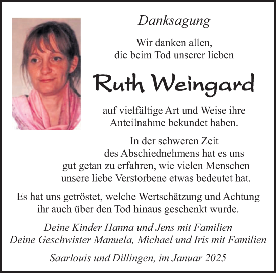 Todesanzeige von Ruth Weingard von saarbruecker_zeitung