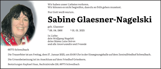 Todesanzeige von Sabine Glaesner-Nagelski von saarbruecker_zeitung