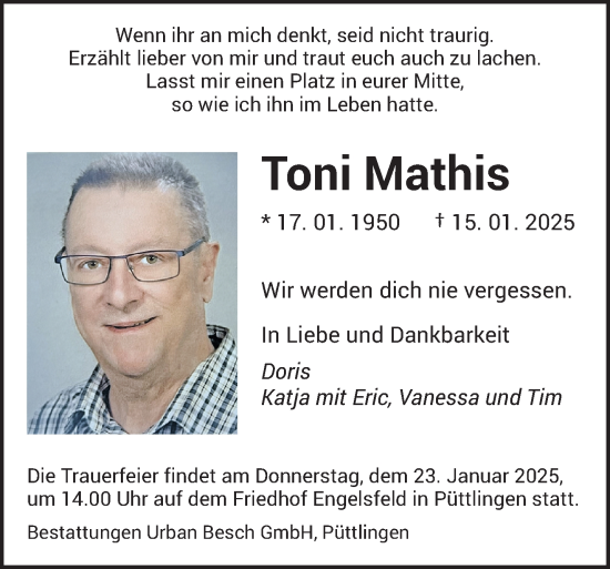 Todesanzeige von Toni Mathis von saarbruecker_zeitung