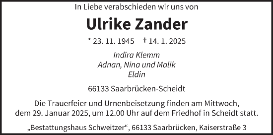 Todesanzeige von Ulrike Zander von saarbruecker_zeitung