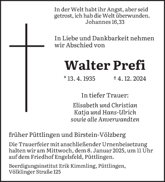 Todesanzeige von Walter Prefi von saarbruecker_zeitung