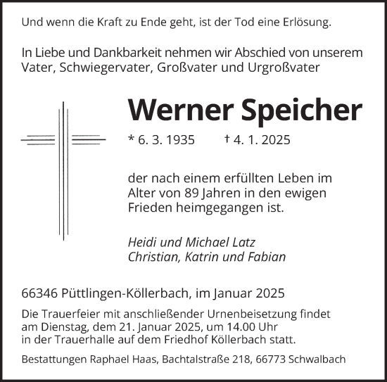 Todesanzeige von Werner Speicher von saarbruecker_zeitung