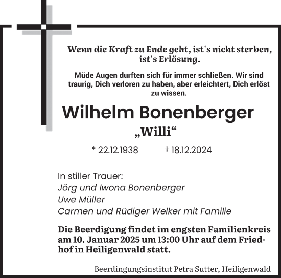 Todesanzeige von Wilhelm Bonenberger von saarbruecker_zeitung