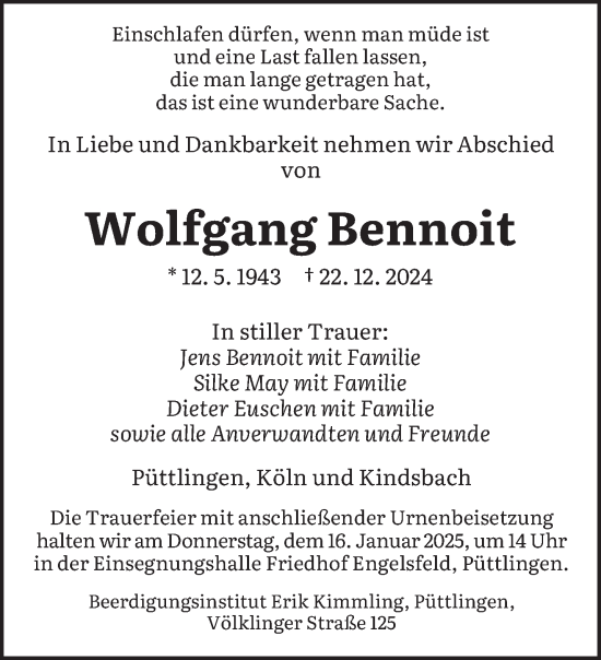 Todesanzeige von Wolfgang Bennoit von saarbruecker_zeitung