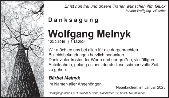Todesanzeige von Wolfgang Melnyk von saarbruecker_zeitung