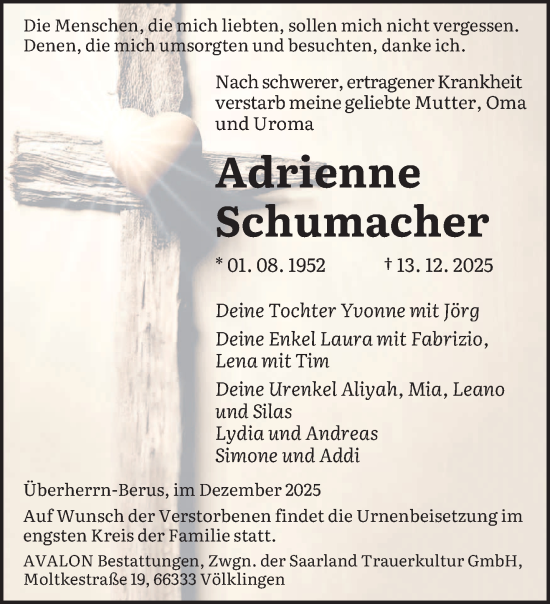 Todesanzeige von Adrienne Schumacher von saarbruecker_zeitung