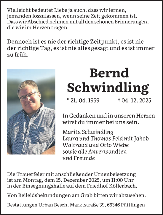 Todesanzeige von Bernd Schwindling von saarbruecker_zeitung