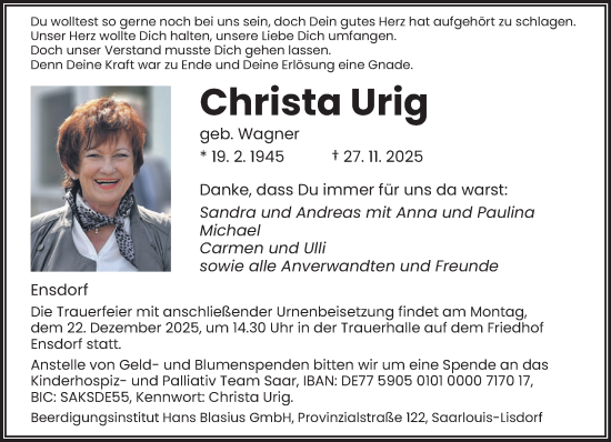 Todesanzeige von Christa Urig von saarbruecker_zeitung