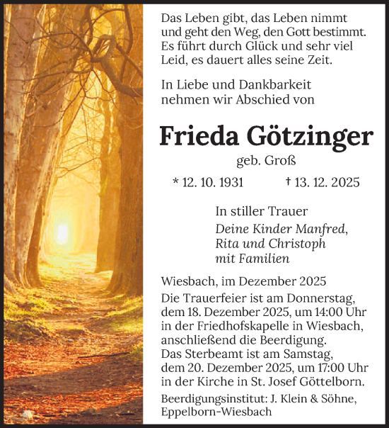 Todesanzeige von Frieda Götzinger von saarbruecker_zeitung
