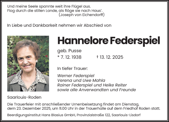 Todesanzeige von Hannelore Federspiel von saarbruecker_zeitung