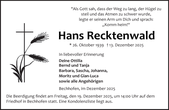 Todesanzeige von Hans Recktenwald von saarbruecker_zeitung