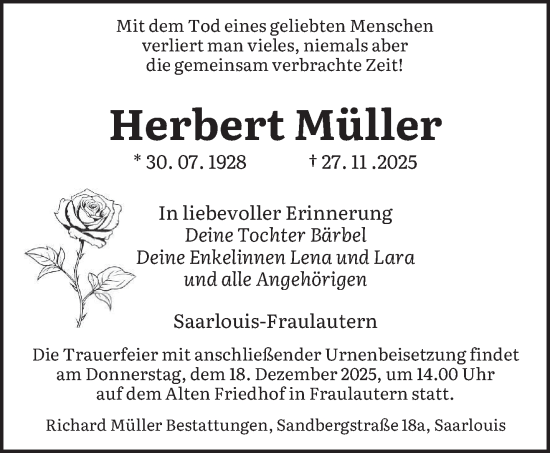 Todesanzeige von Herbert Müller von saarbruecker_zeitung