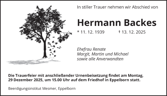 Todesanzeige von Hermann Backes von saarbruecker_zeitung