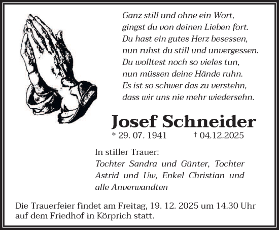 Todesanzeige von Josef Schneider von saarbruecker_zeitung