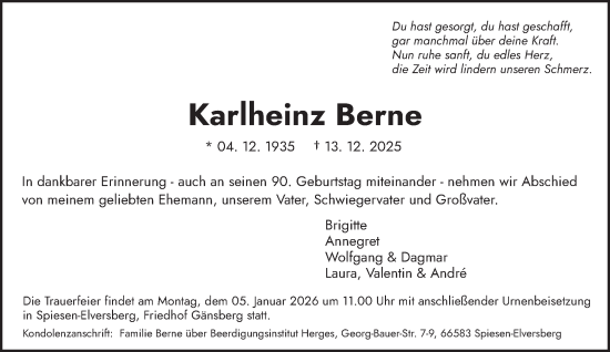 Todesanzeige von Karlheinz Berne von saarbruecker_zeitung