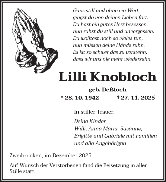 Todesanzeige von Lilli Knobloch von saarbruecker_zeitung